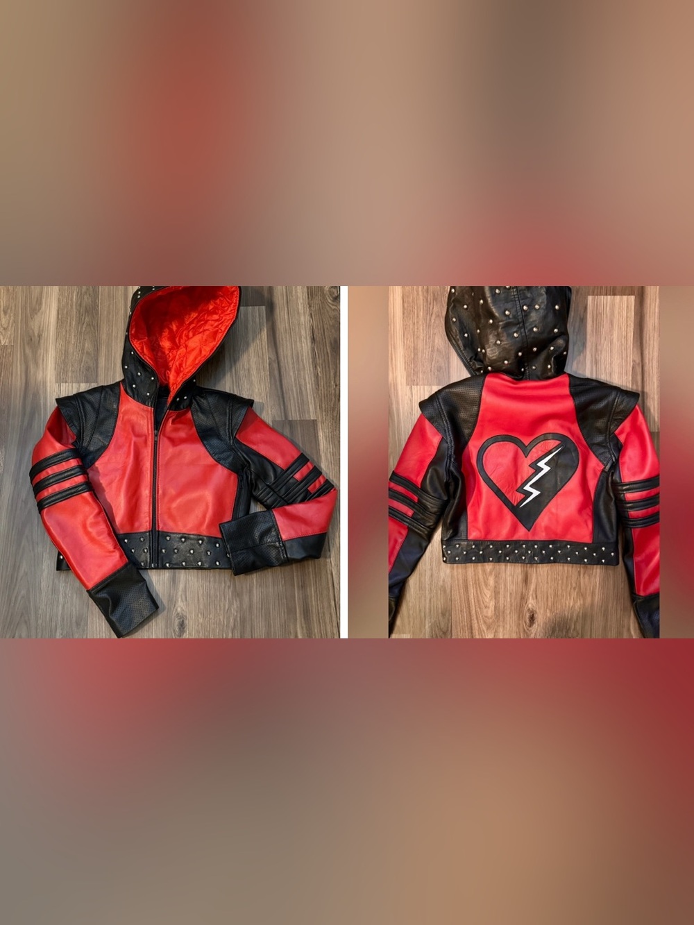 Leather Rise of Red Descendants 4 Studded Hooded Heart Zip Up Red Black Jacket M